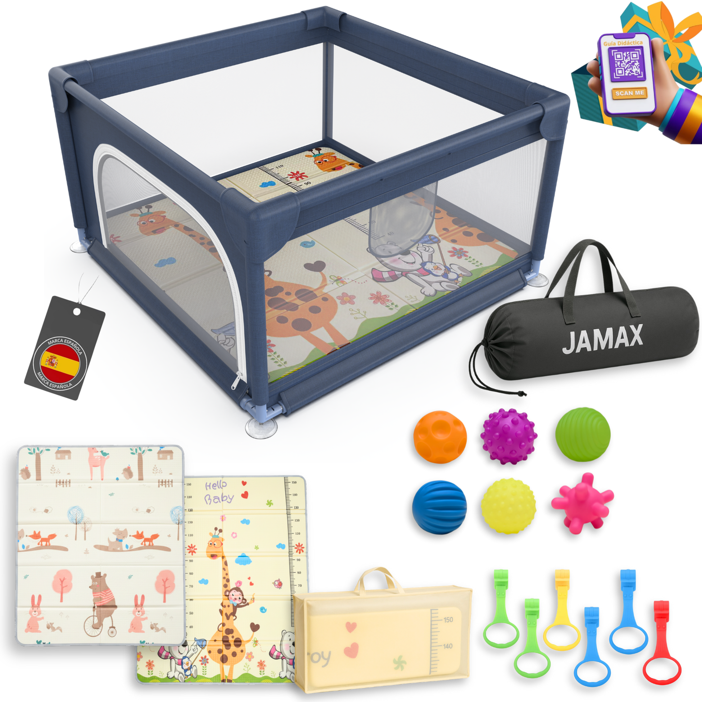 JAMAX Parque Infantil Bebe 120x120 + Alfombra Acolchada Reversible 1,5 cm de Grosor + 6 Agarraderas + 6 Pelotas Sensoriales + Bolsa transporte